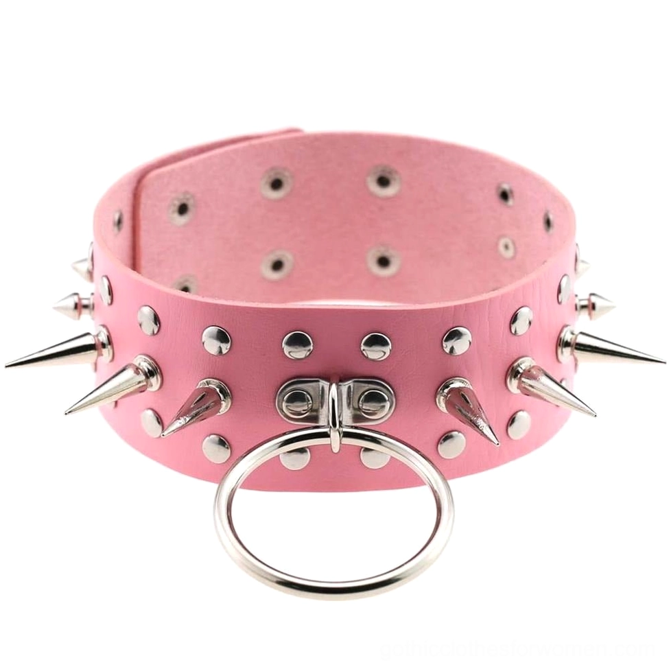 Pink spiked leather choker necklace with metal studs and O-ring pendant goth alternative fashion