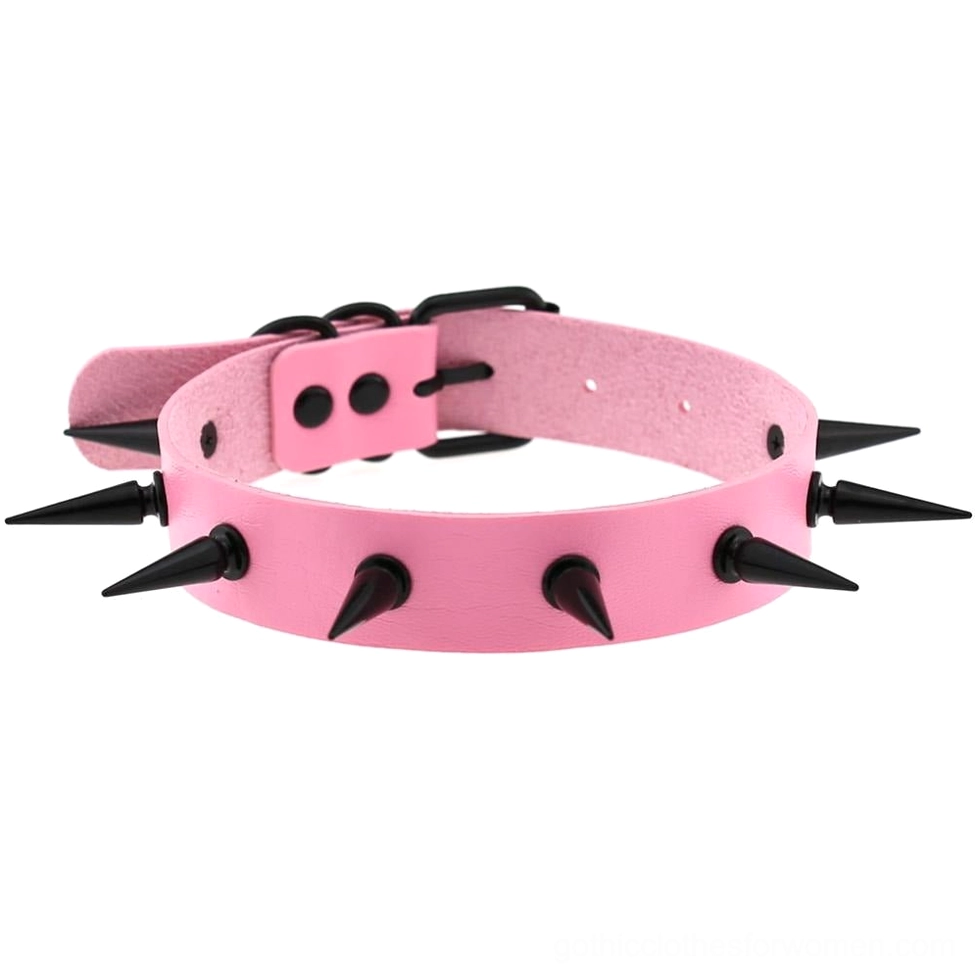Pink spiked choker collar with black iron studs and adjustable metal buckle for goth fashion