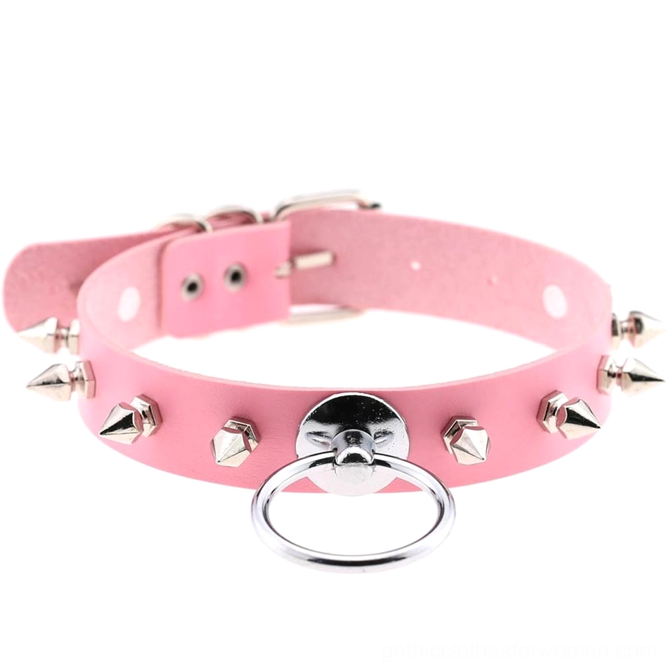 Pastel pink spiked PU leather choker with metal spikes O-ring detail and adjustable buckle