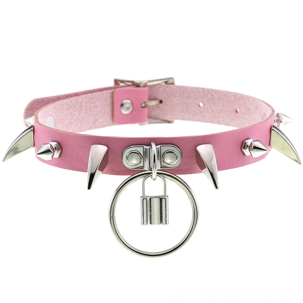 Pink spiked gothic choker collar with silver metal spikes and lock charm pendant