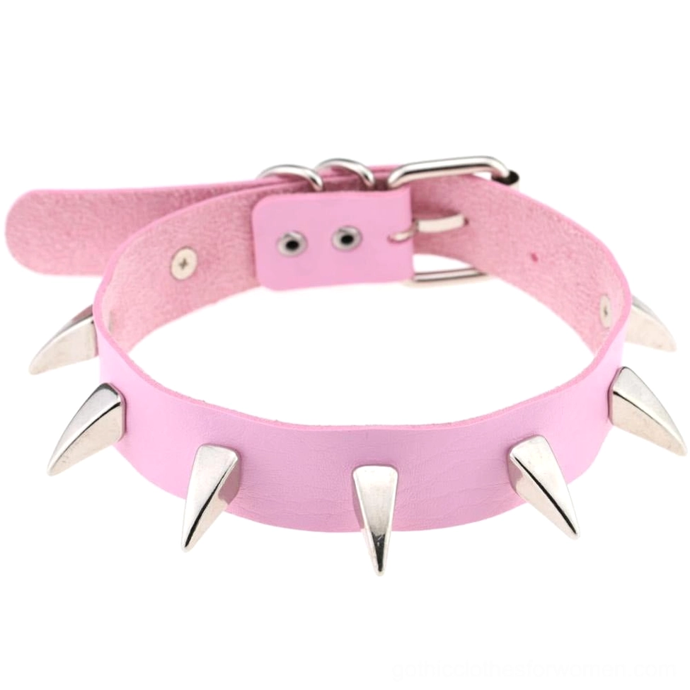Pink spiked leather gothic choker necklace with silver spike studs and adjustable leather strap