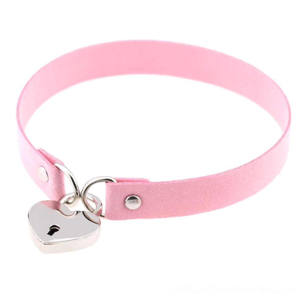 Pink suede heart lock choker collar with silver lock - goth alternative jewelry design