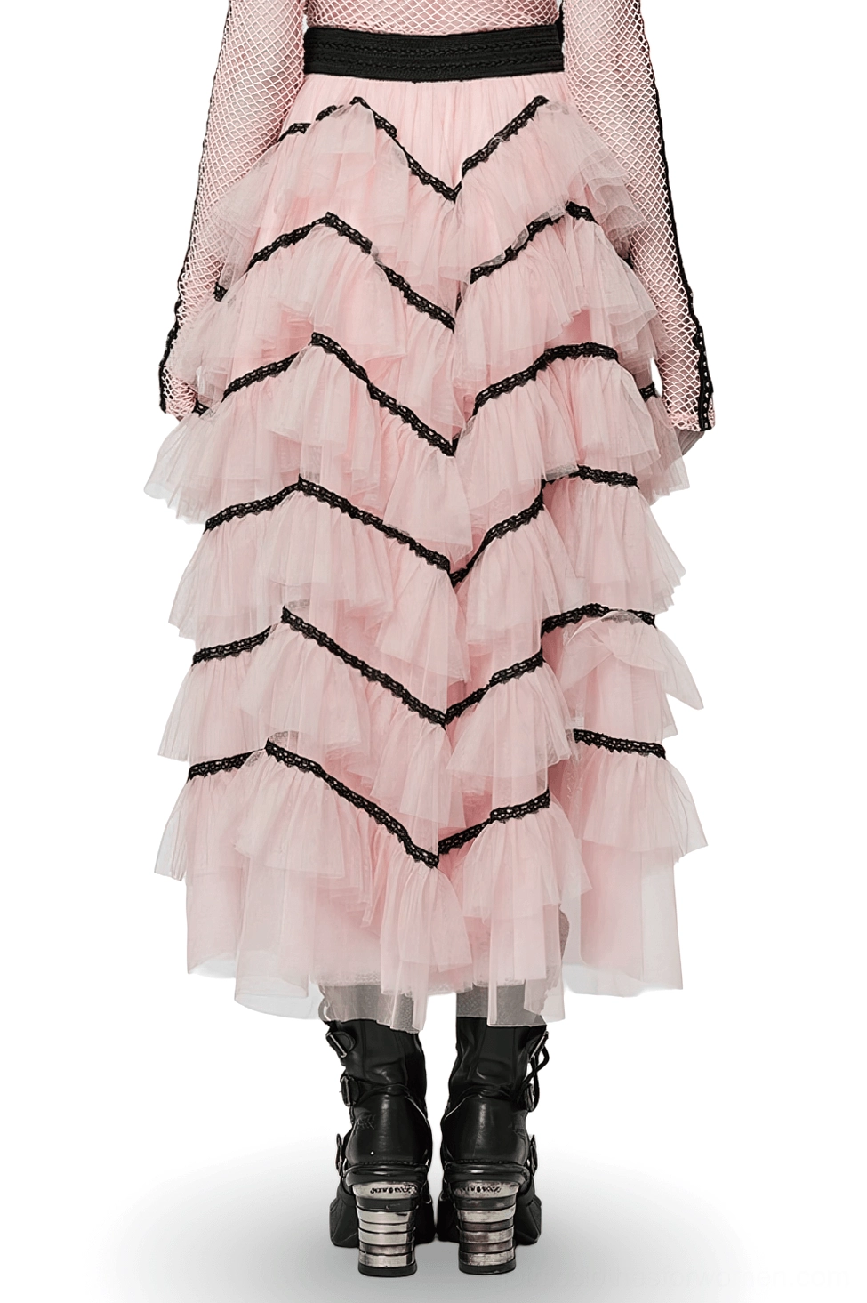 Pink ruffled mesh midi skirt with black waistband and tiered tulle layers, worn with black platform boots, demonstrating full-length silhouette and gothic punk style