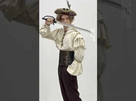Pirate cosplay costume featuring brown gothic corset belt with tricorn hat and period details