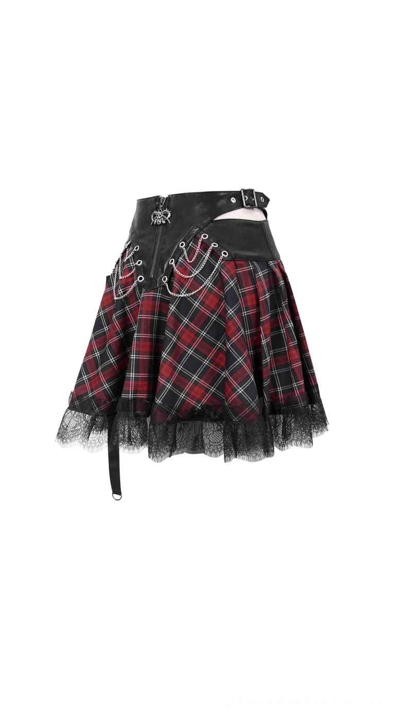 Small plaid punk skirt side flat lay with cut-out waist design and tiny metal chain decoration