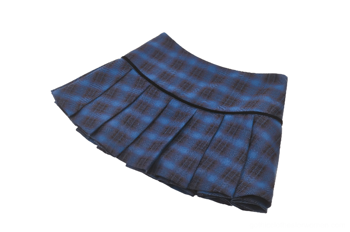 Compact pleated construction on blue black tartan gothic skirt - compact side angle view