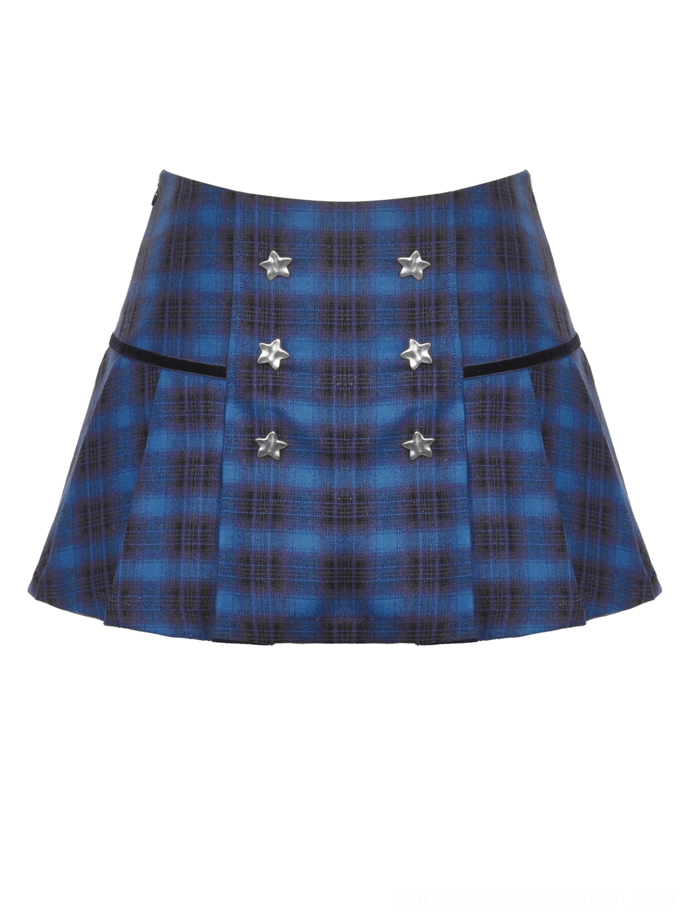 Flat lay blue black tartan mini skirt with star button details - front product view