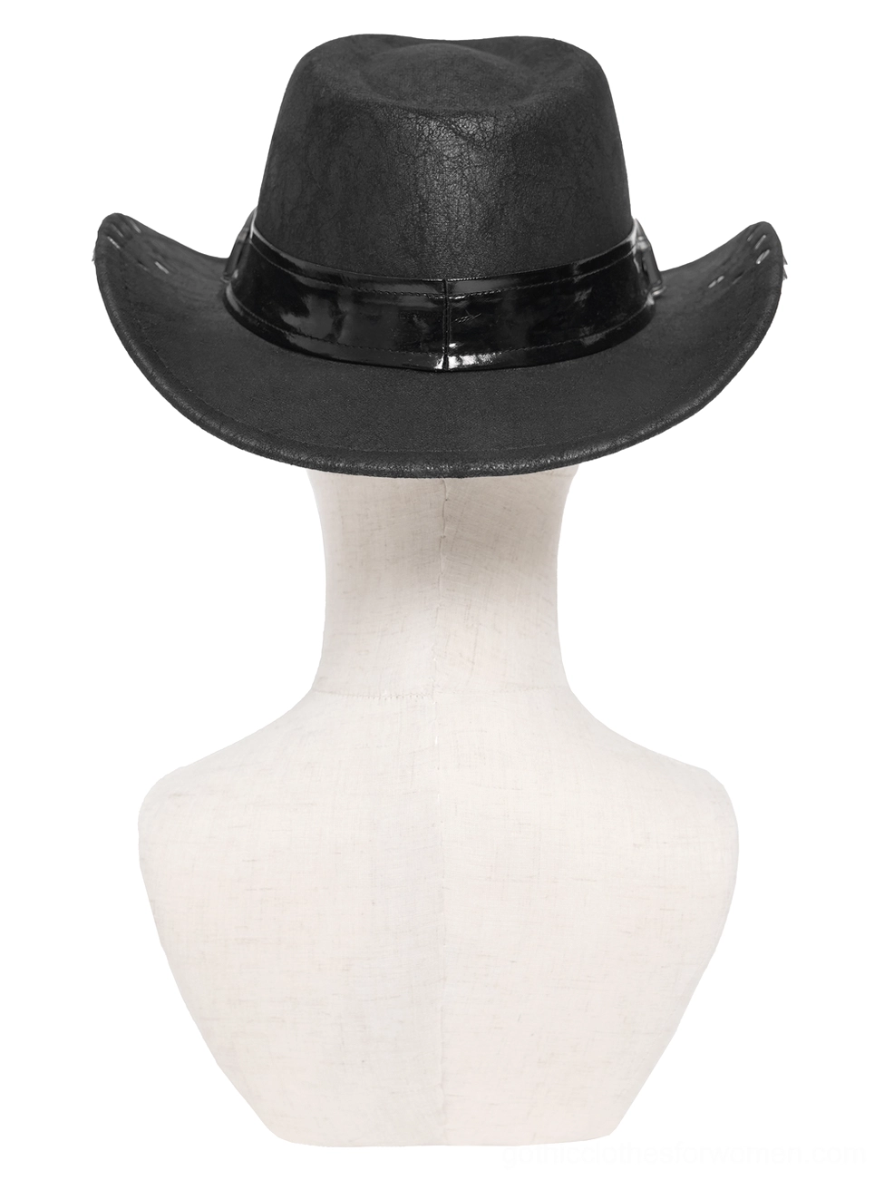 Basic black patent leather cowboy hat back view on mannequin showing plain leather band