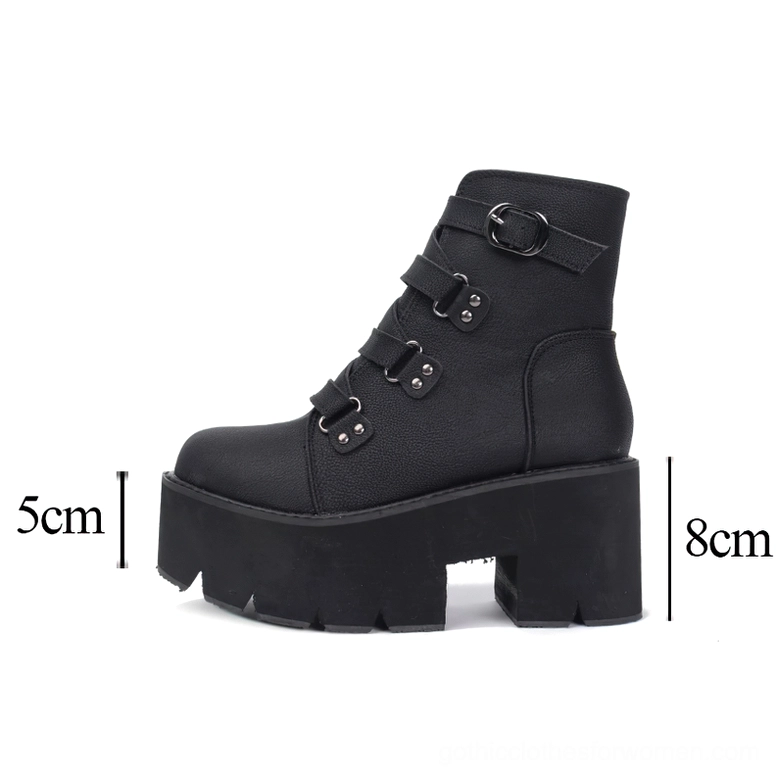Black platform ankle boot with height measurements showing 8cm heel height and 5cm platform specifications