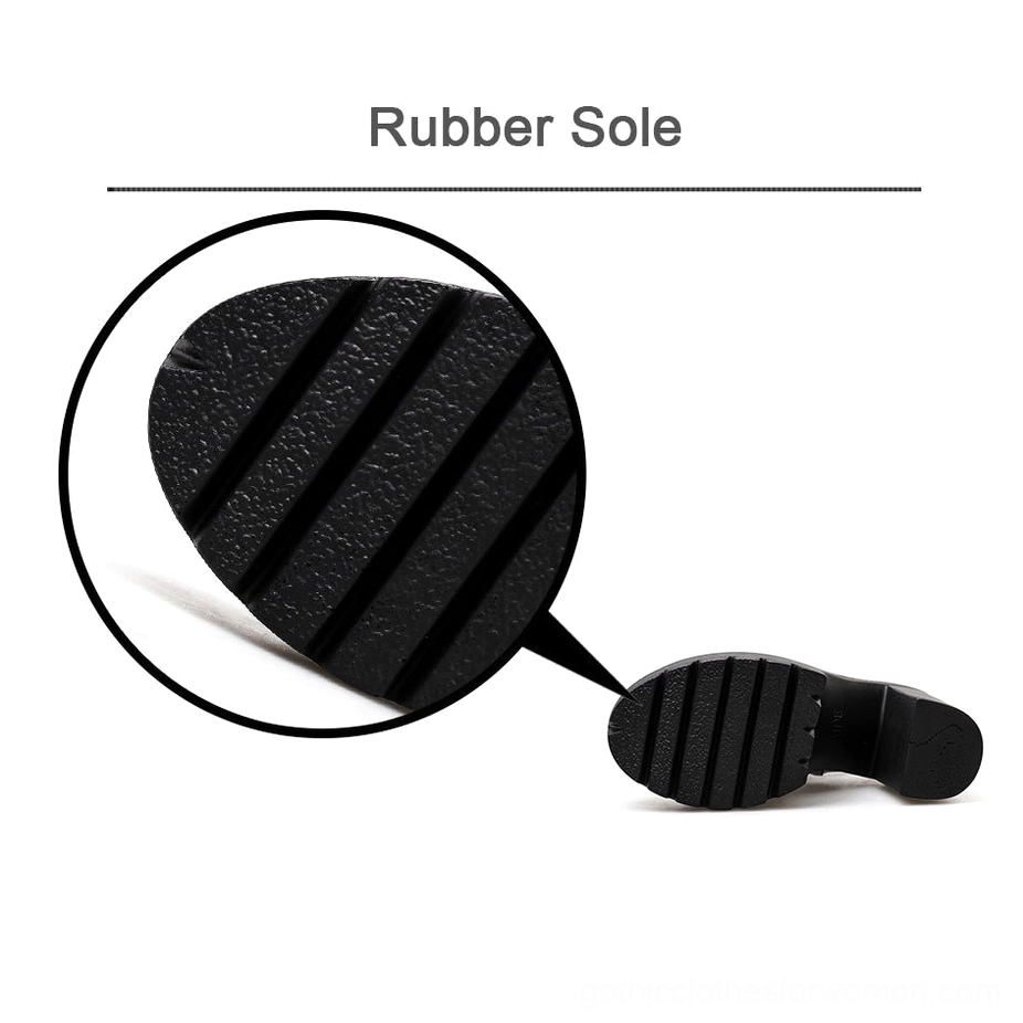 Gothic platform boots rubber sole close-up displaying anti-slip striped tread pattern for grip and traction