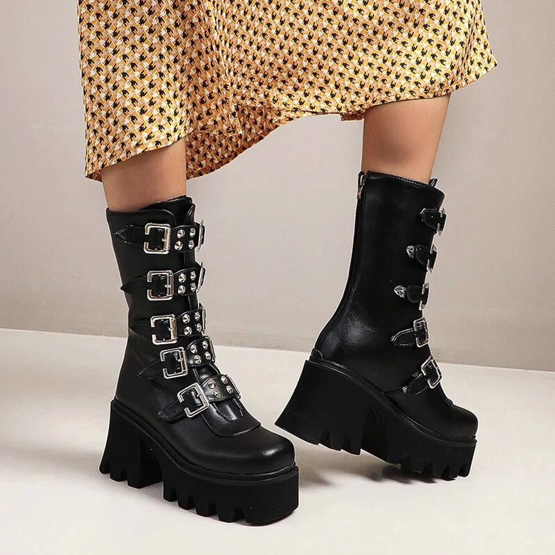 Platform combat boots detail shot showing PU leather texture buckle placement and construction