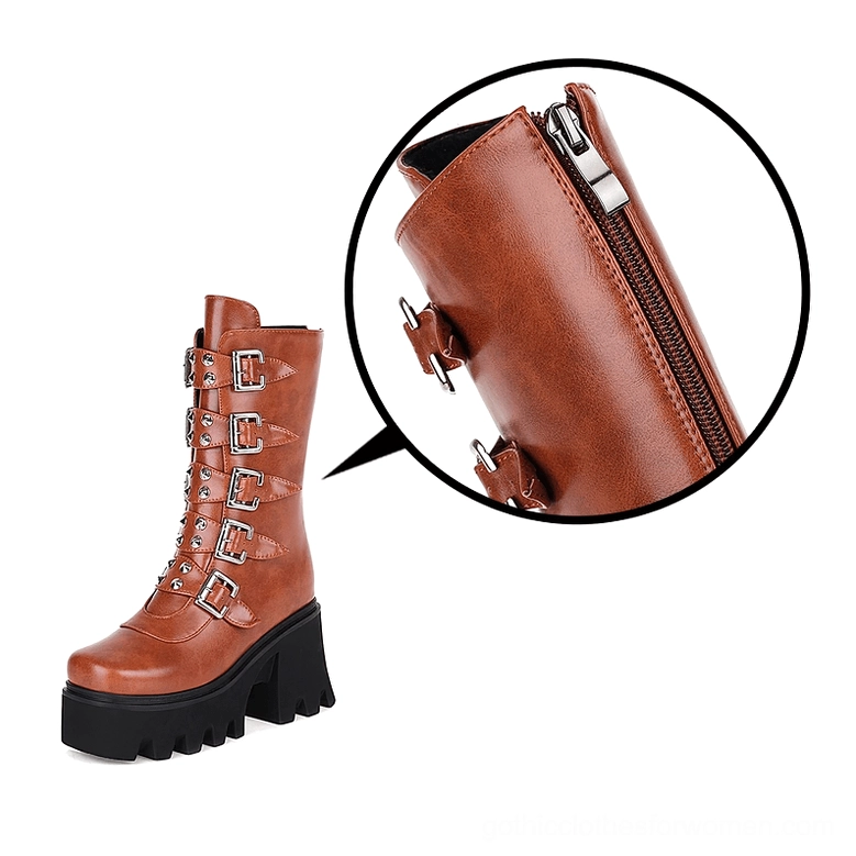Magnified metal side zipper detail and matching buckle accents on combat platform boots