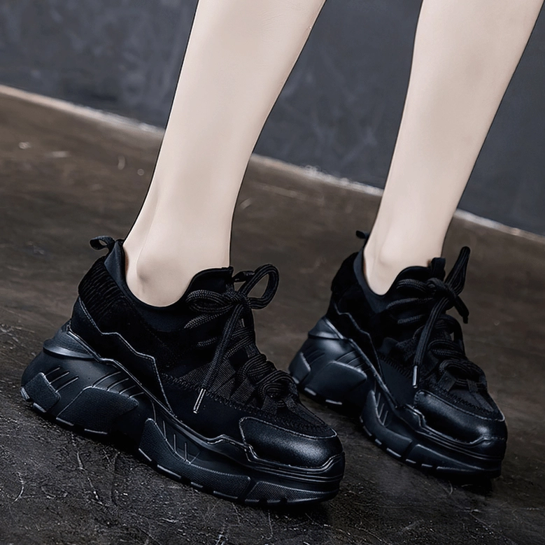 Platform leather sneaker heel section detail showcasing elevation structure and support design
