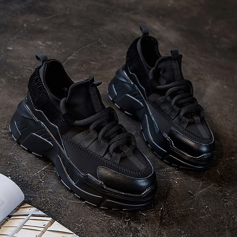 Women's platform sneaker quarter view emphasizing dimensional bulk of chunky sole design