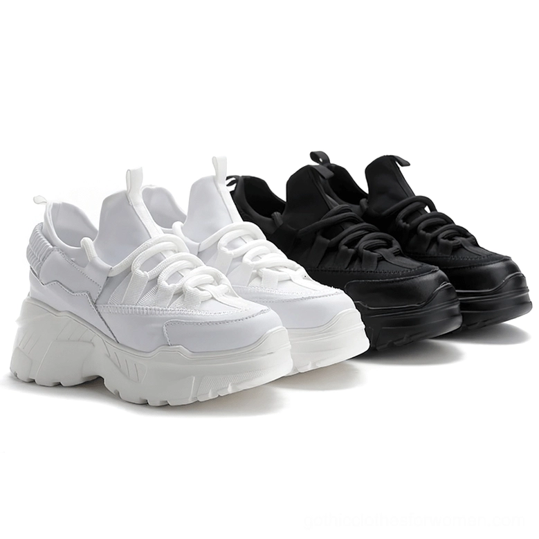 Two pairs of women's platform leather sneakers in beige and black, showcasing multiple color options and thick lug sole