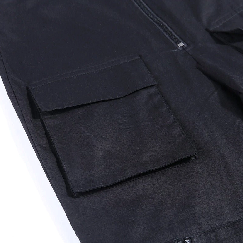 Cargo pocket detail on women's gothic pants - zippered flap pocket showing utility design and sturdy construction