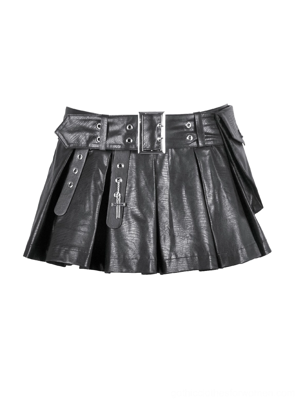 Front flat lay of high-waist pleated black faux leather skort with metal belt buckle and decorative hardware