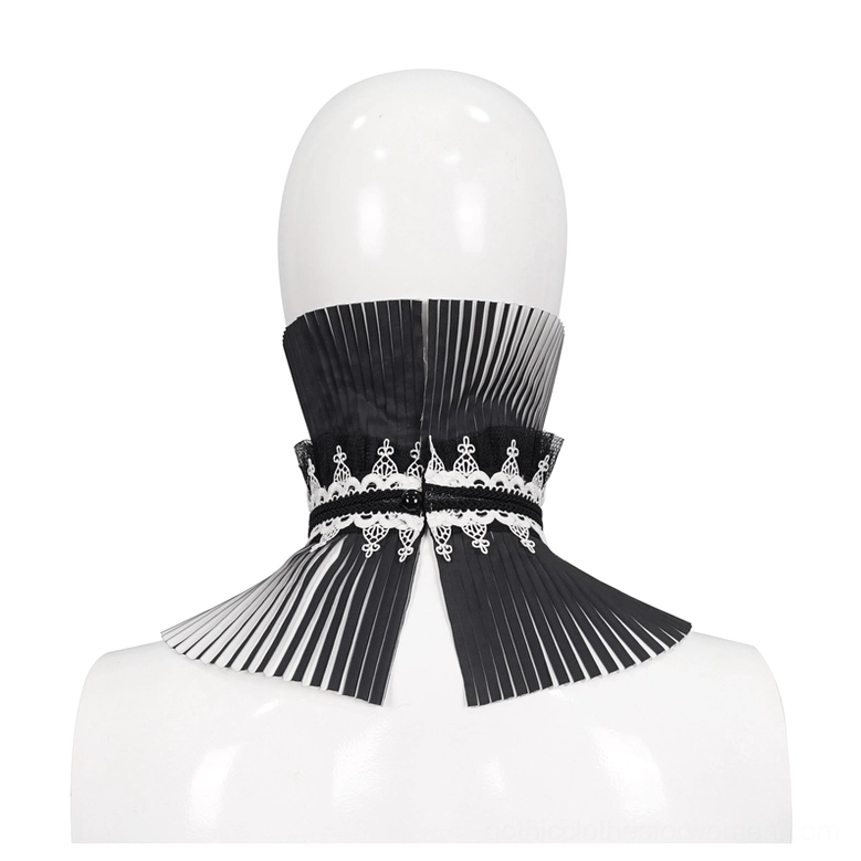 Back view of black and white pleated gothic collar displaying dual lace trims and split pleat structure