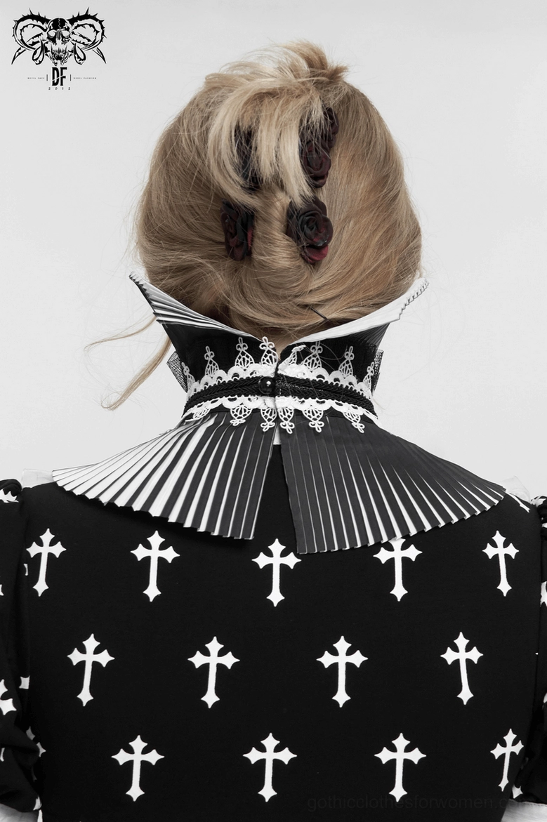 Gothic black and white stand collar with beaded lace trim and tassel decorations product showcase