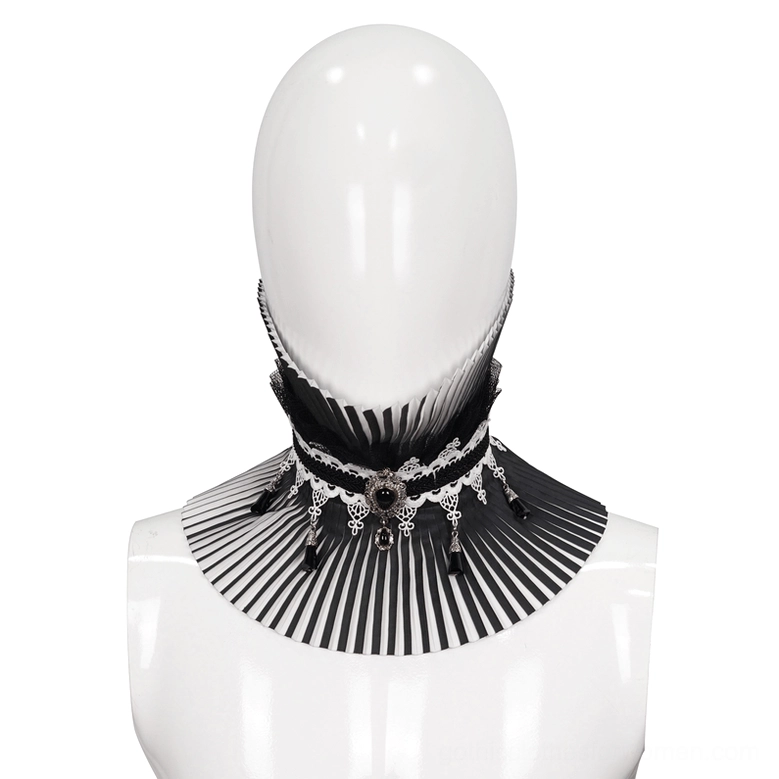 Black and white striped pleated gothic stand collar front view on mannequin with gem pendant and tassel accents