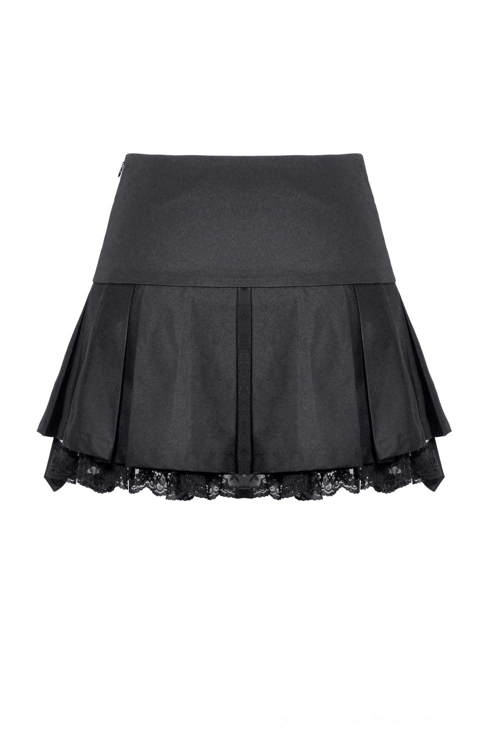 Rear flat lay of high-waisted black pleated mini skirt with lace underskirt trim and pleated fabric structure