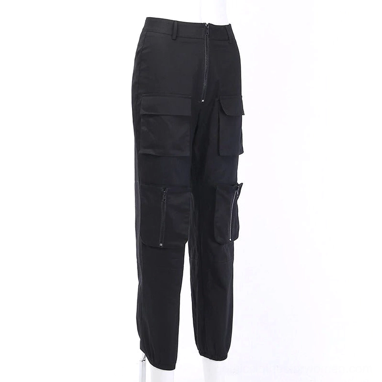 Black pleated gothic pants - side view of cargo pants showing flap pockets and tapered ankle cuffs