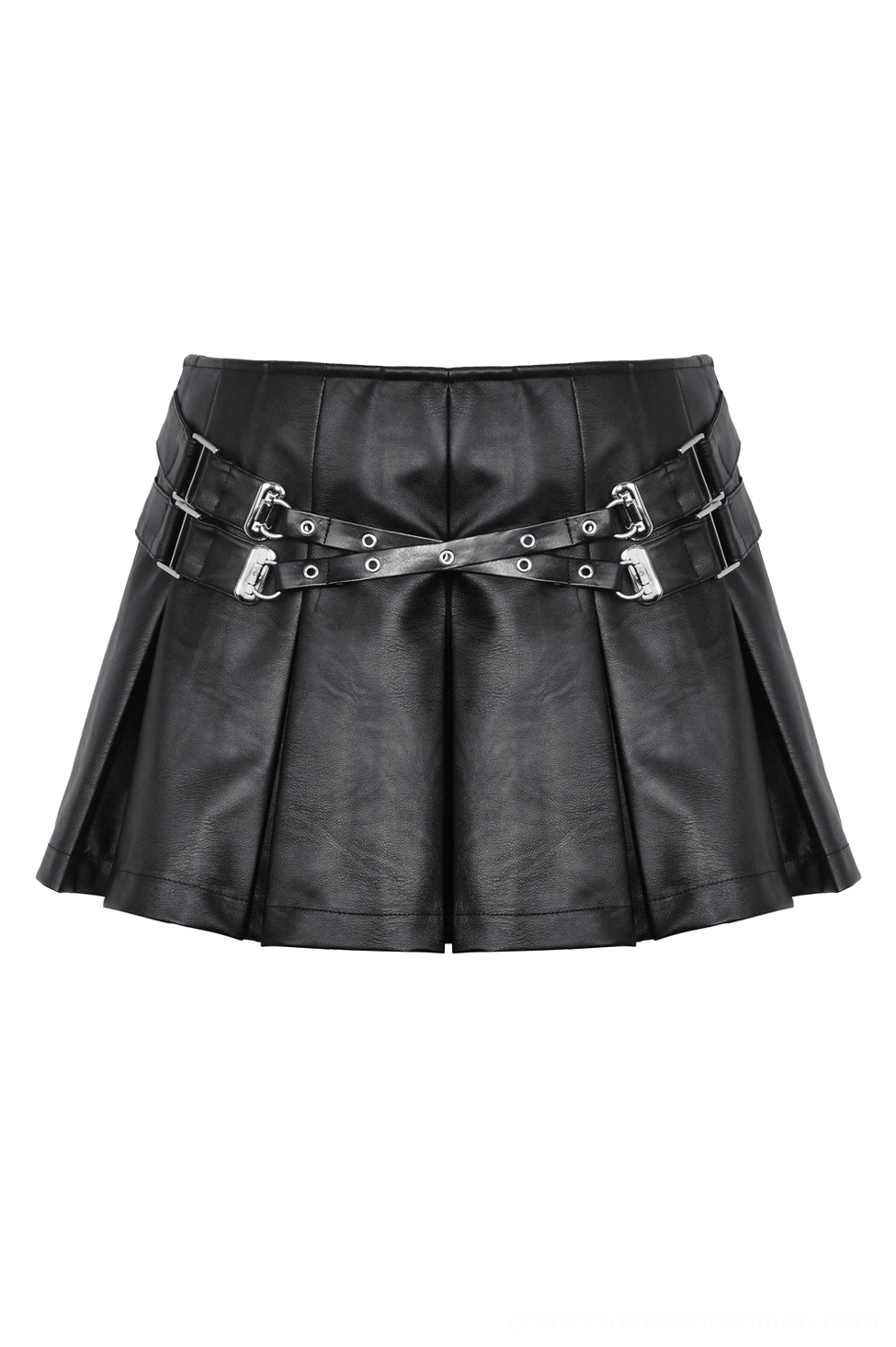 Pleated faux leather gothic mini skirt flat lay front view showing dual silver metal buckles and adjustable strap details