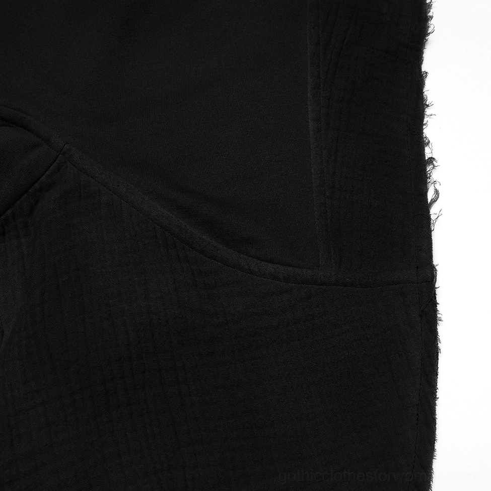 Black hooded post-apocalyptic gothic cape vest styling detail, distressed spray-painted aging effect on draped panels