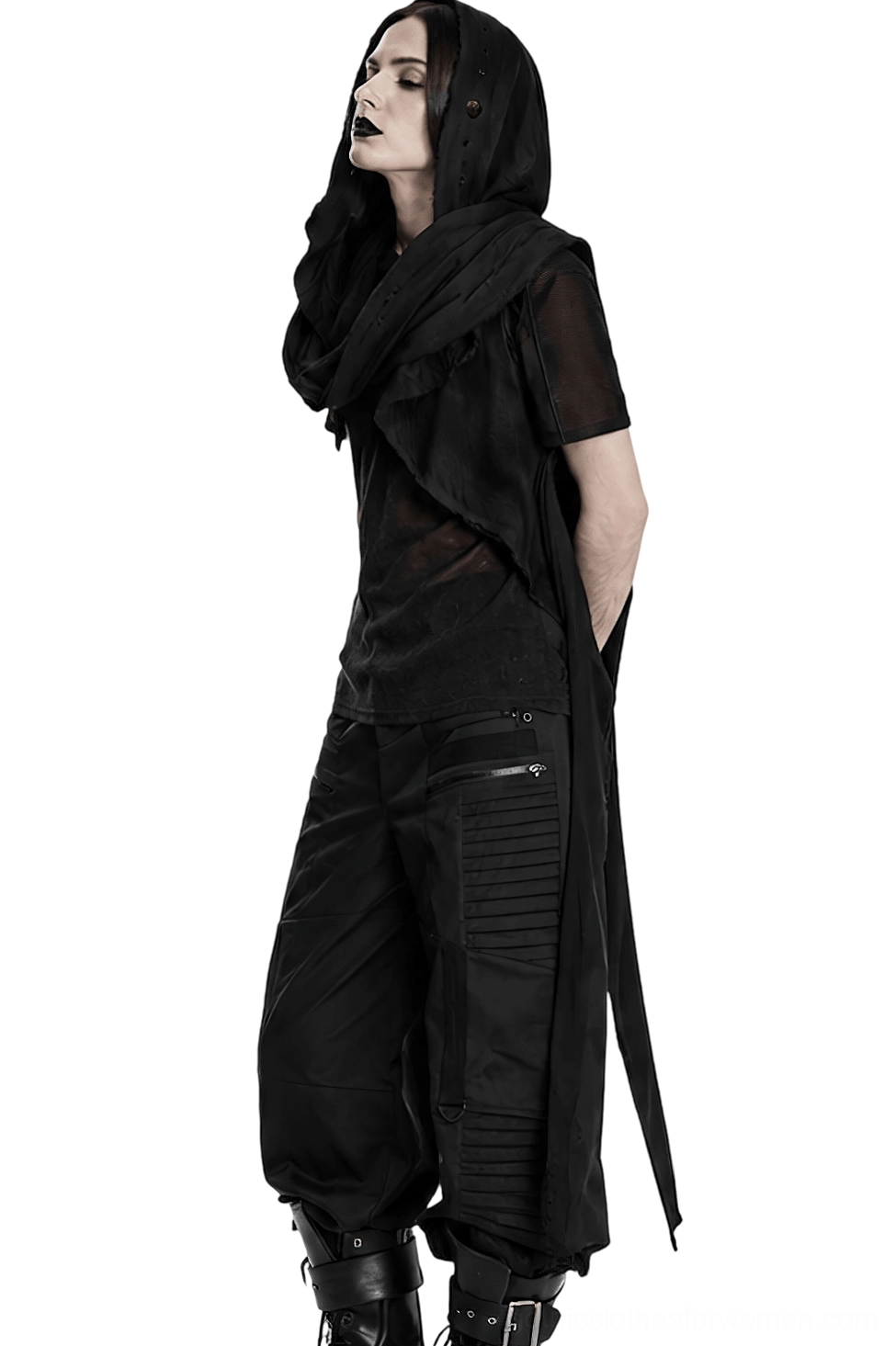 Post-apocalyptic black hooded cape vest side profile on male model, asymmetrical long drapes and gothic styling details