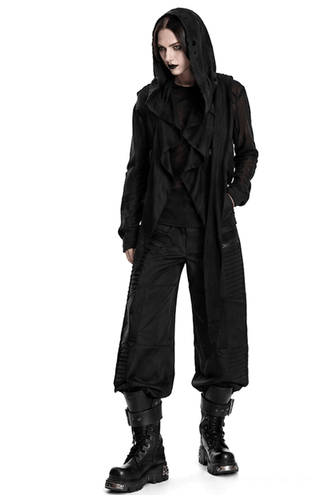 Post-apocalyptic black hooded cape vest mannequin showcase, dramatic front presentation with sleeveless hood design