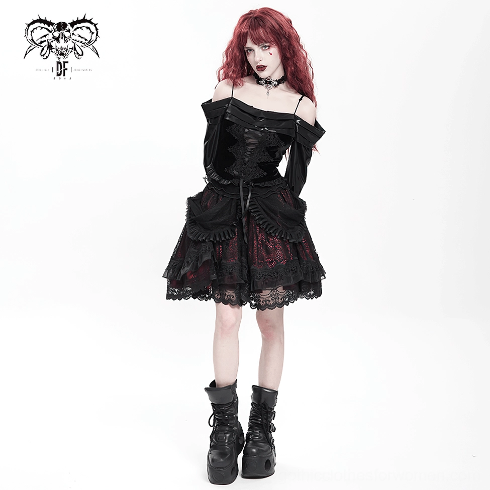 Premium black lace gothic skirt with statement ornate belt, front-facing showcase of Victorian-goth aesthetic