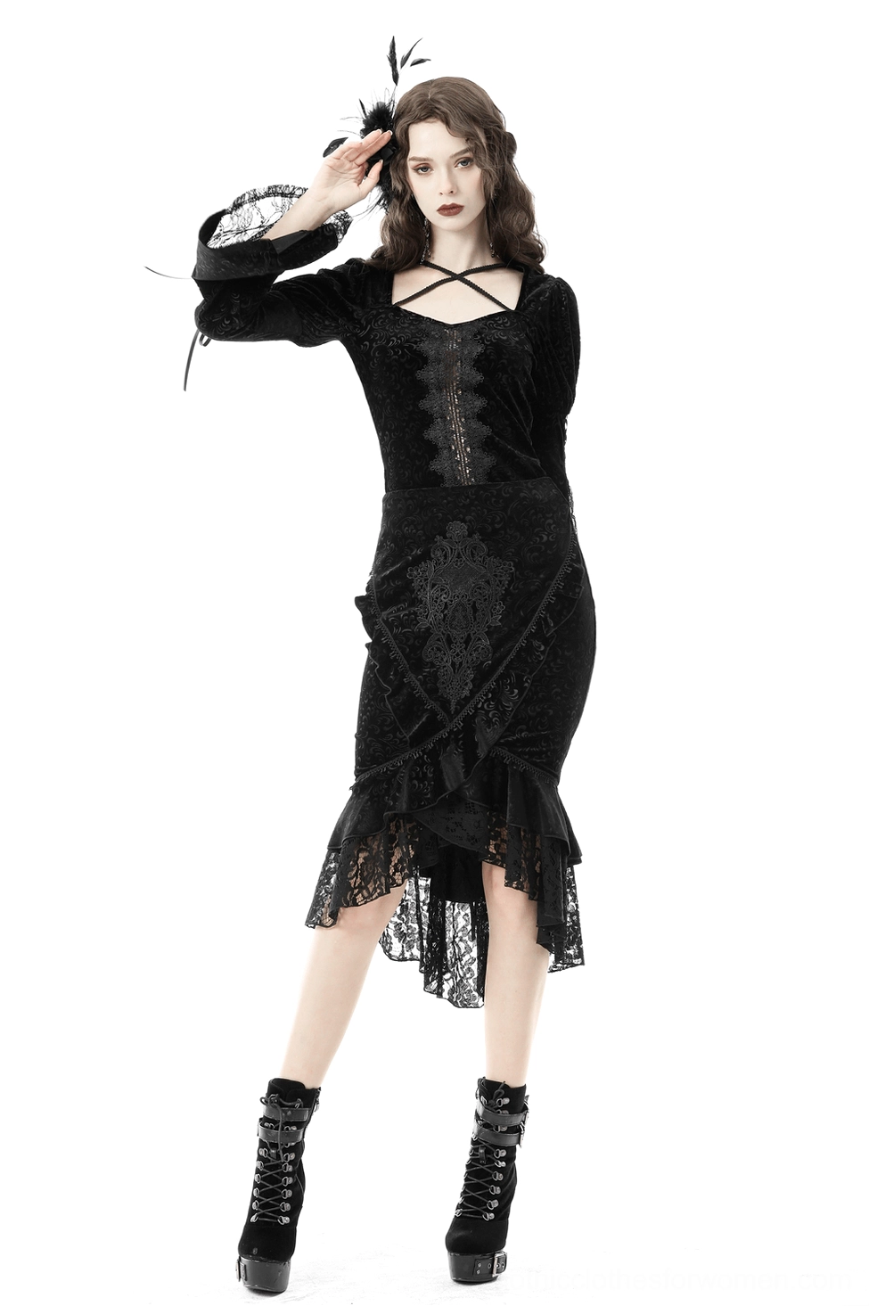 Premium black velvet gothic fishtail skirt with embroidered lace overlay and metal fastener closure