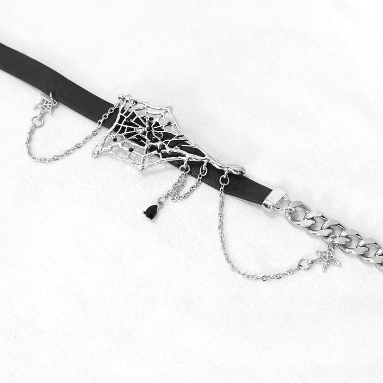 Premium black leather choker with silver spider web ornament - gothic accessory showcase
