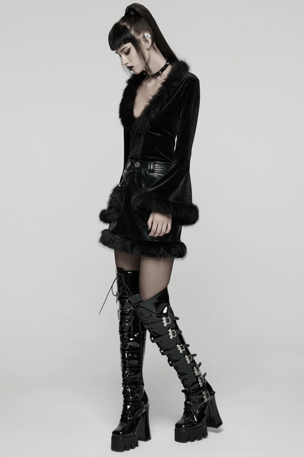 Premium black velvet gothic cardigan - corset lace-up back, bell sleeves, and faux fur collar for refined dark aesthetic