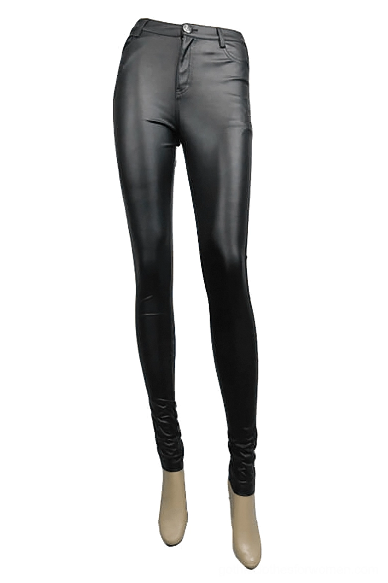 Black PU leather gothic pants displayed on mannequin showing form-fitting silhouette and smooth leather texture