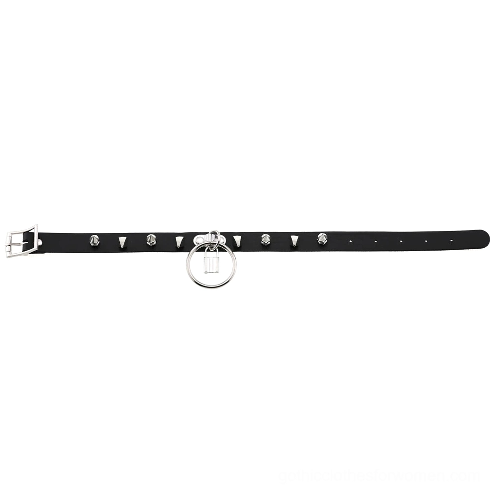 PU leather spiked gothic choker texture and metal spike embellishments close-up