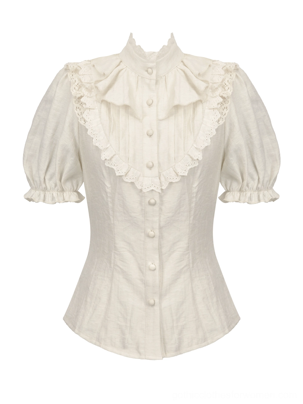 Cream puff sleeve blouse flat lay showing stand collar, front lace ruffle detail, and structured short sleeves