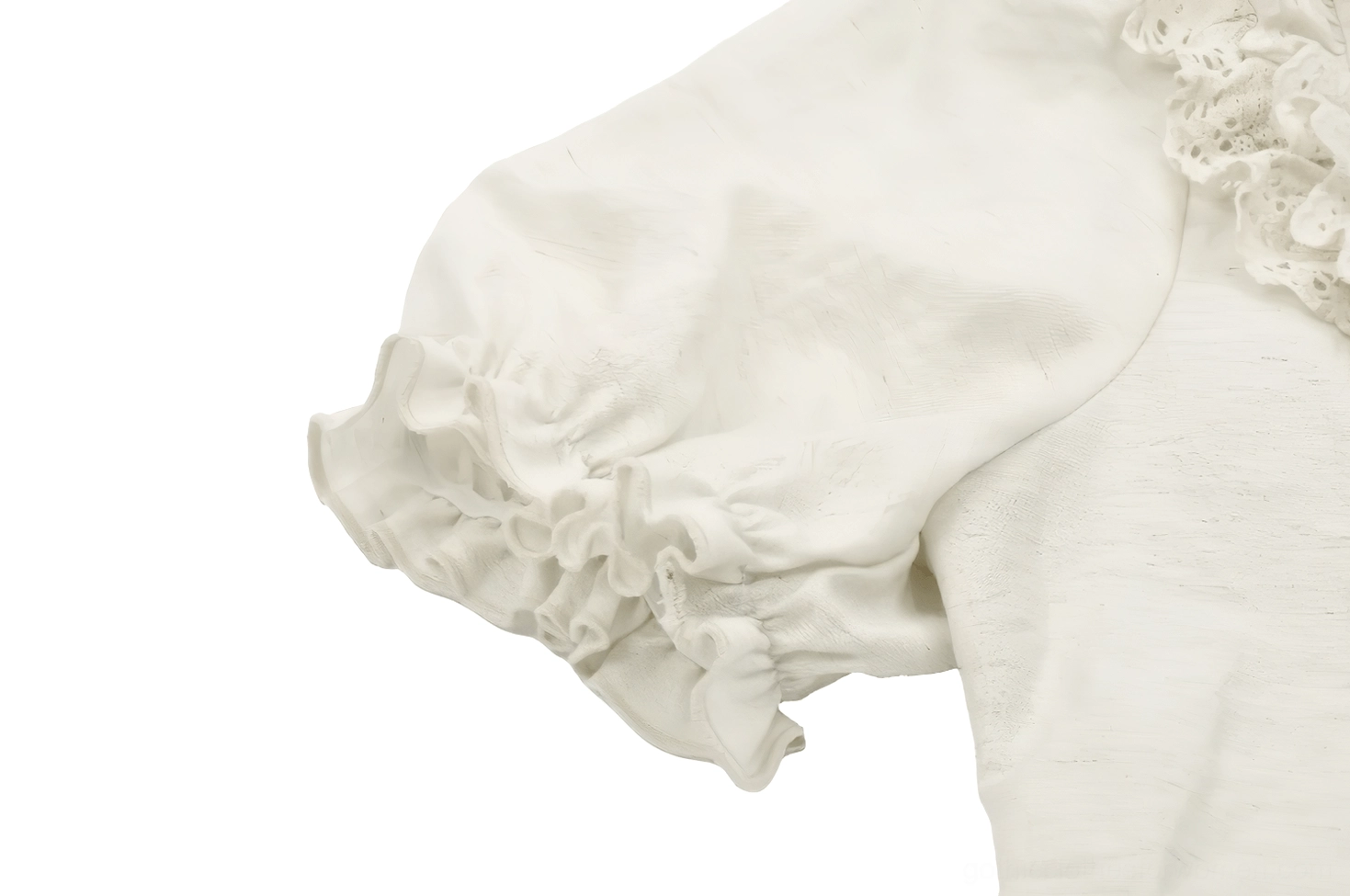 Puff sleeve cuff close-up showing ruffled edge and delicate lace trim detail on sleeve