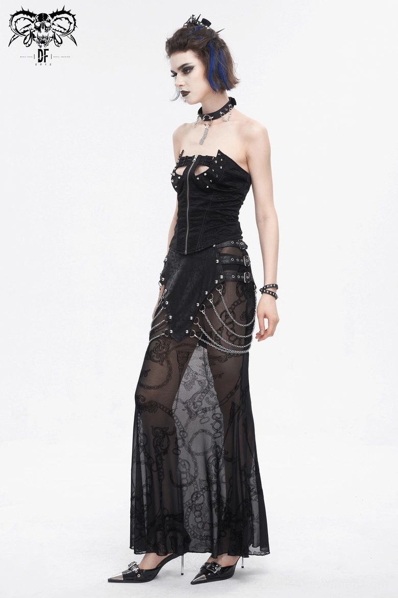 Punk alternative fishtail mesh skirt showing overall construction, chain decorations, and dimensional silhouette