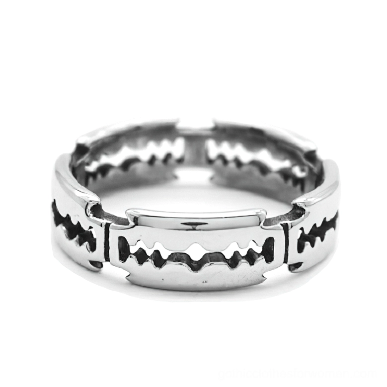 Front overhead view of razor blade pattern ring, embossed sawtooth details, stainless steel silver band, alternative jewelry
