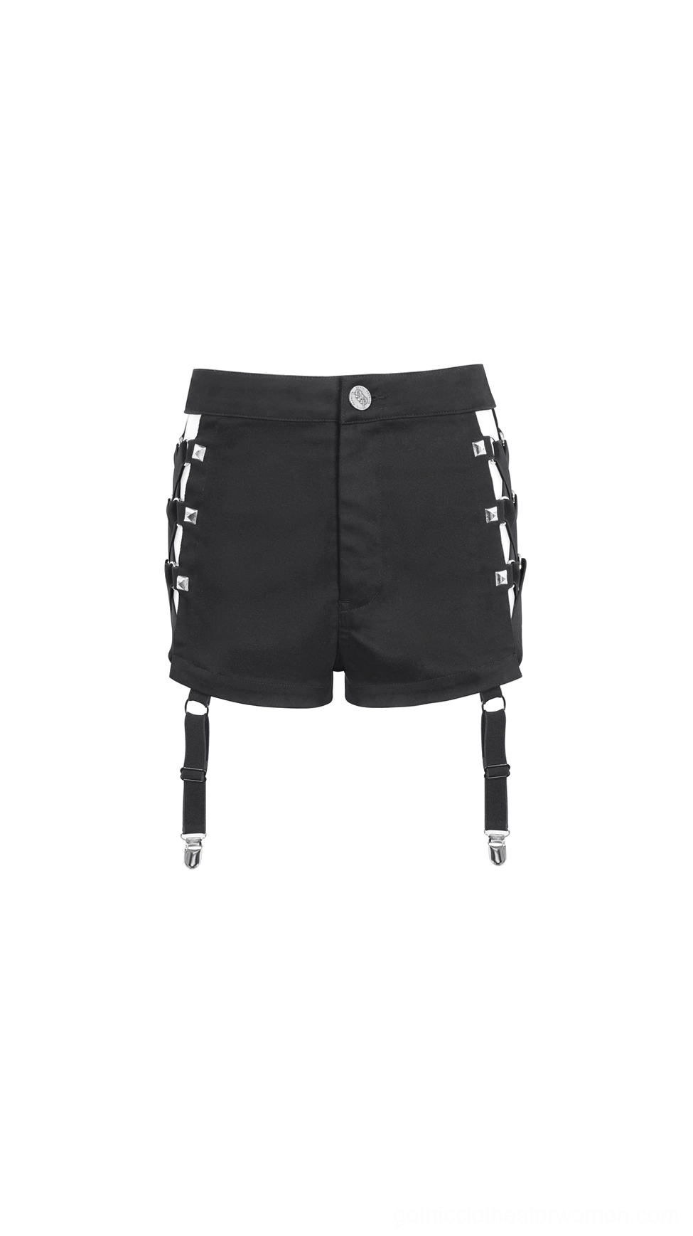 Black punk booty shorts front flat lay with metal studded D-rings and removable garter straps