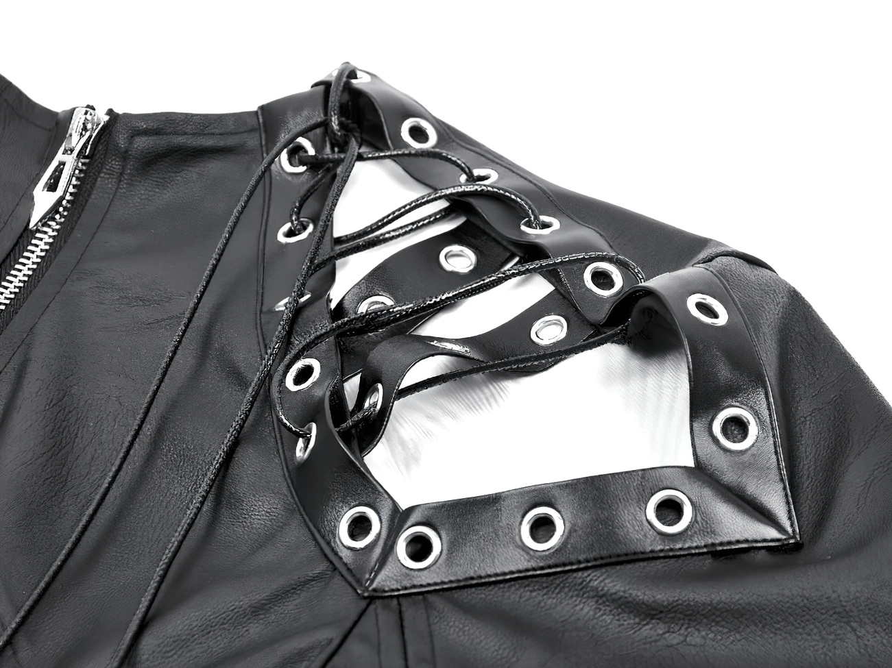 Close-up detail of metal zipper, lace-up grommets, and black leather material on gothic shoulder cape