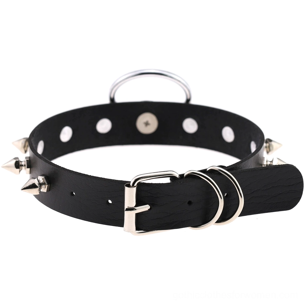 Adjustable spiked punk leather choker showing buckle closure and leather texture details