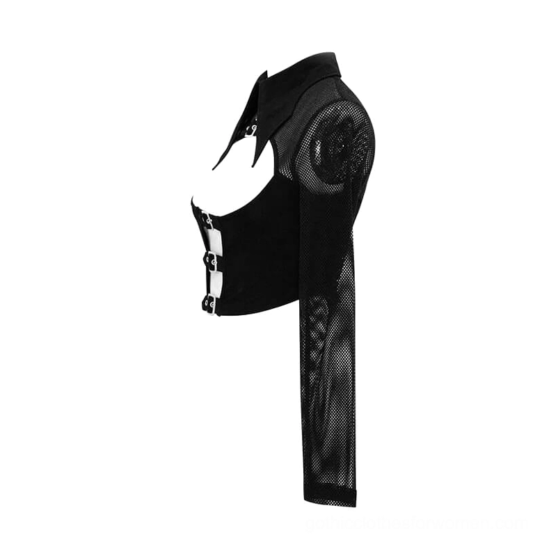 Side view of black mesh crop top showing long mesh sleeves and leather buckle details