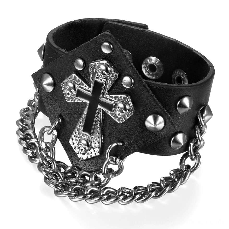 Gothic punk bracelet side view displaying metal cone studs, silver curb chain links, and cross ornament detail on black PU leather