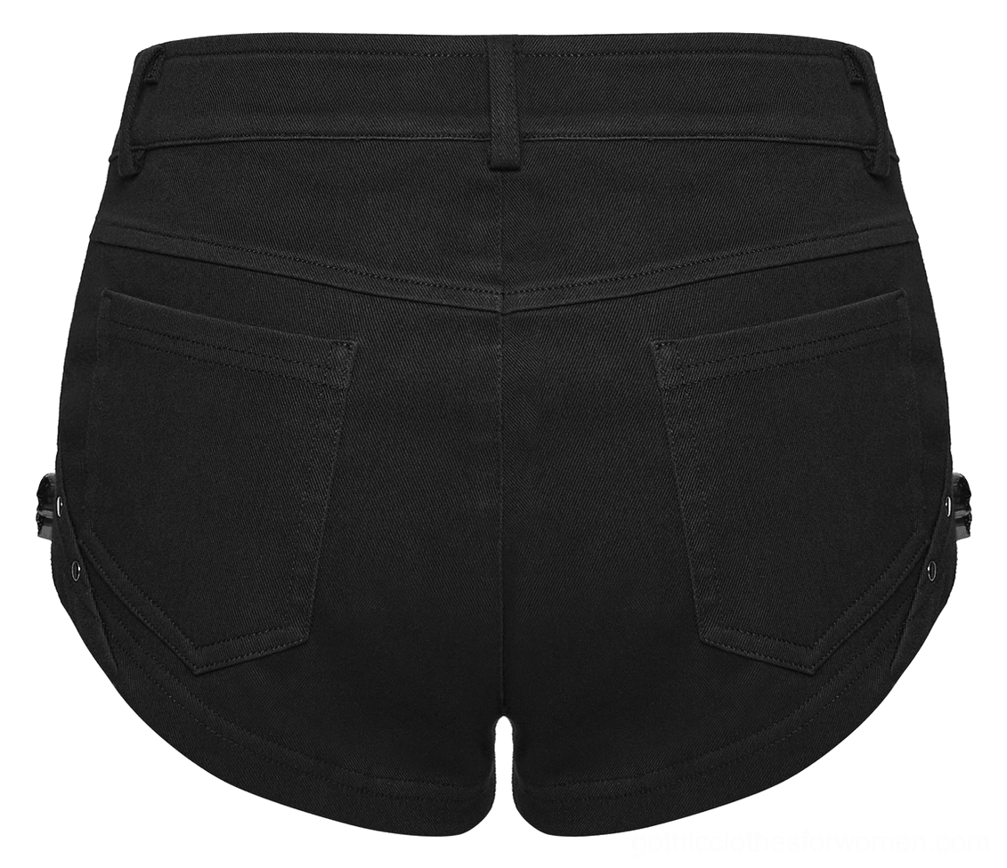 Black denim shorts rear view showing dual back pockets and metal side studs hardware