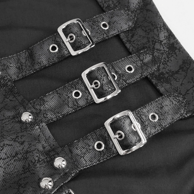 Punk fishtail mesh skirt full view showing dramatic silhouette, metal chains, multi-buckle waist, and alternative styling