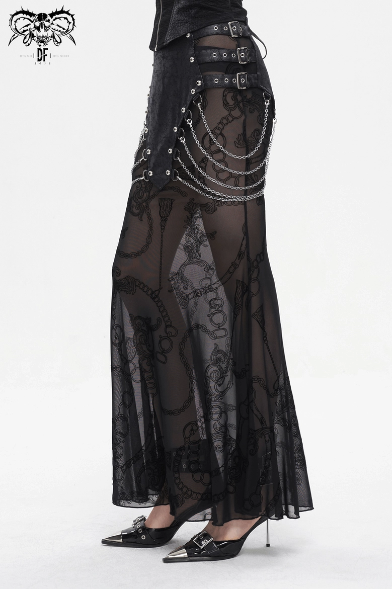 Black mesh fishtail skirt side view displaying multi-metal buckles, chain accents, and full-length silhouette on model