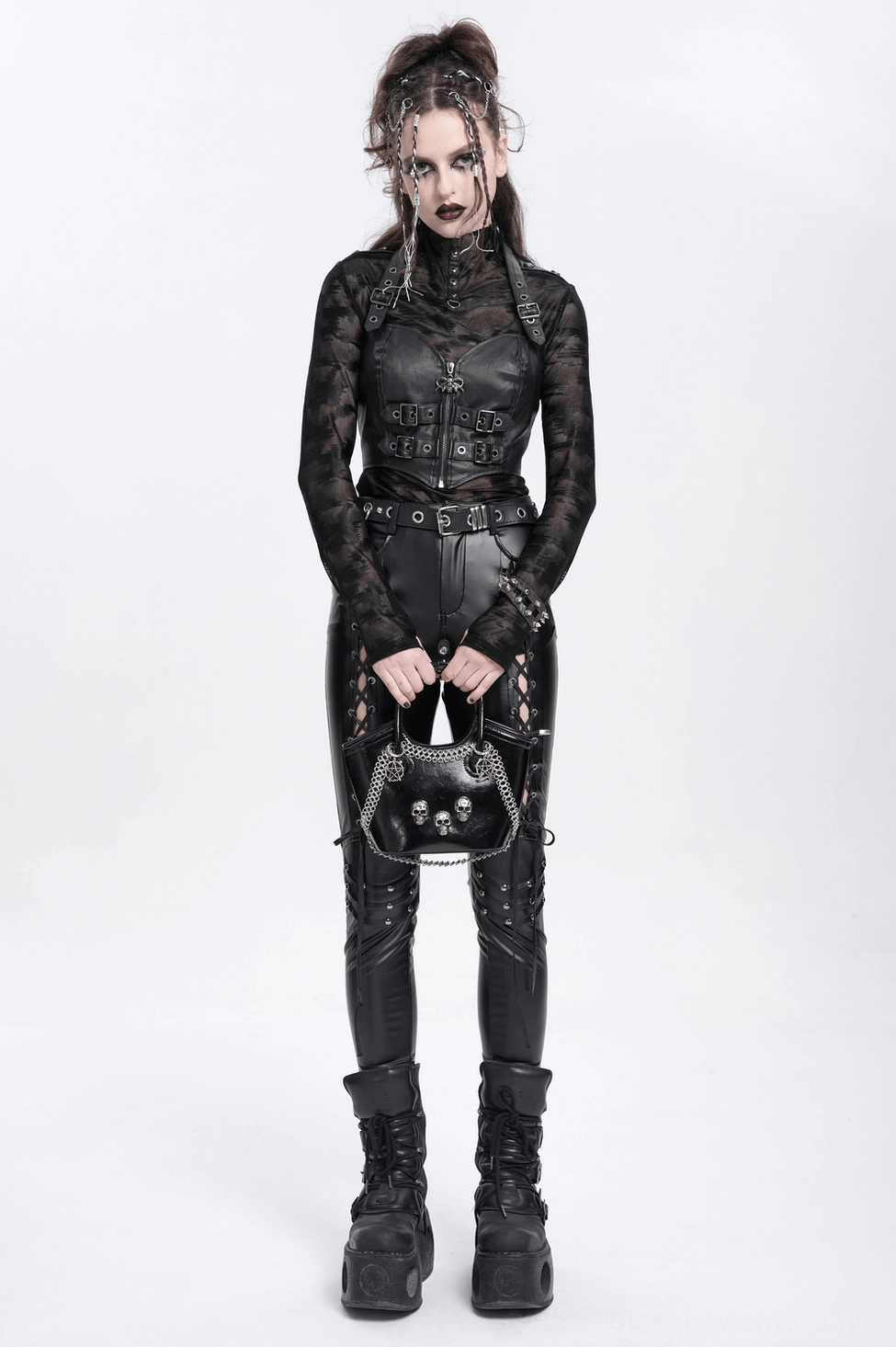 Punk goth black tote bag with silver chain decorations and skull details, alternative style handbag