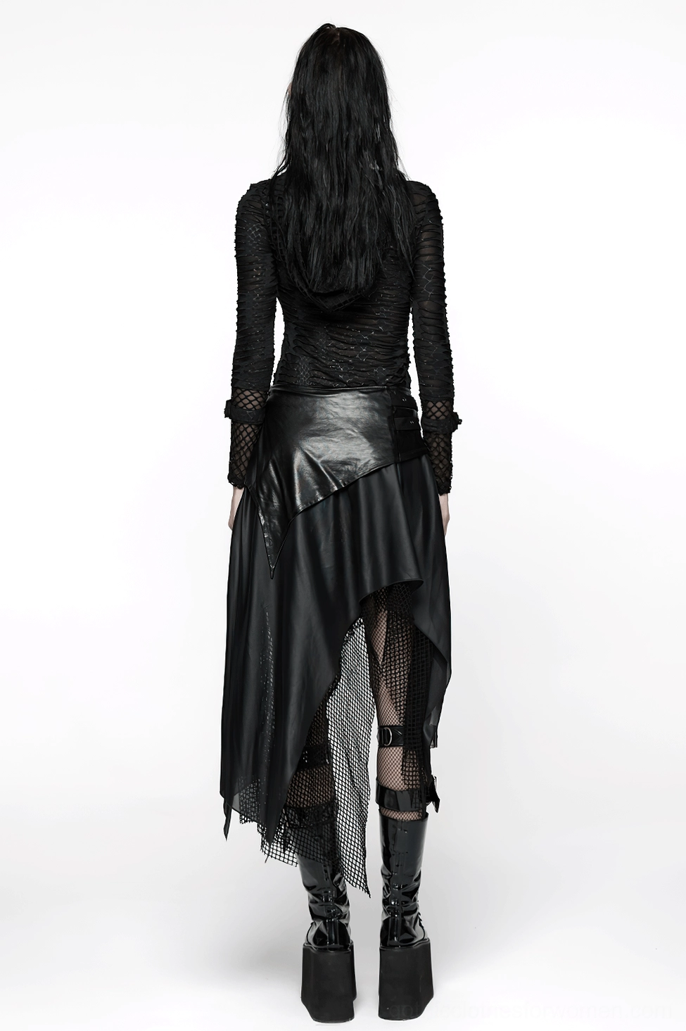 Gothic punk skirt asymmetrical hem detail and faux leather panel construction